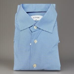 Eton Slim Fit Dress Shirt Blue Microcheck Size 15 38 Long Sleeve Stretch